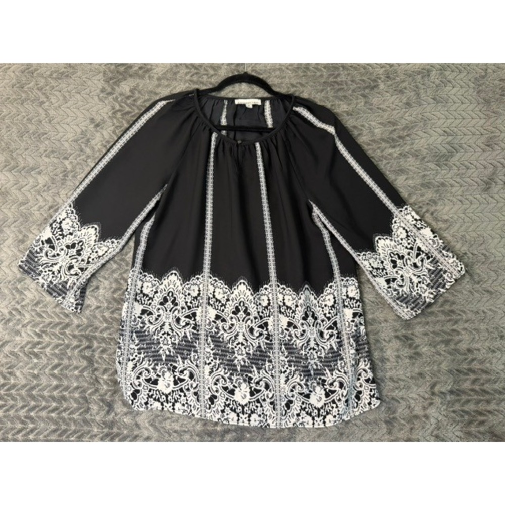Southern Lady Womens Small Black White Lace Print 3/4 Sleeve Peasant Top 0219